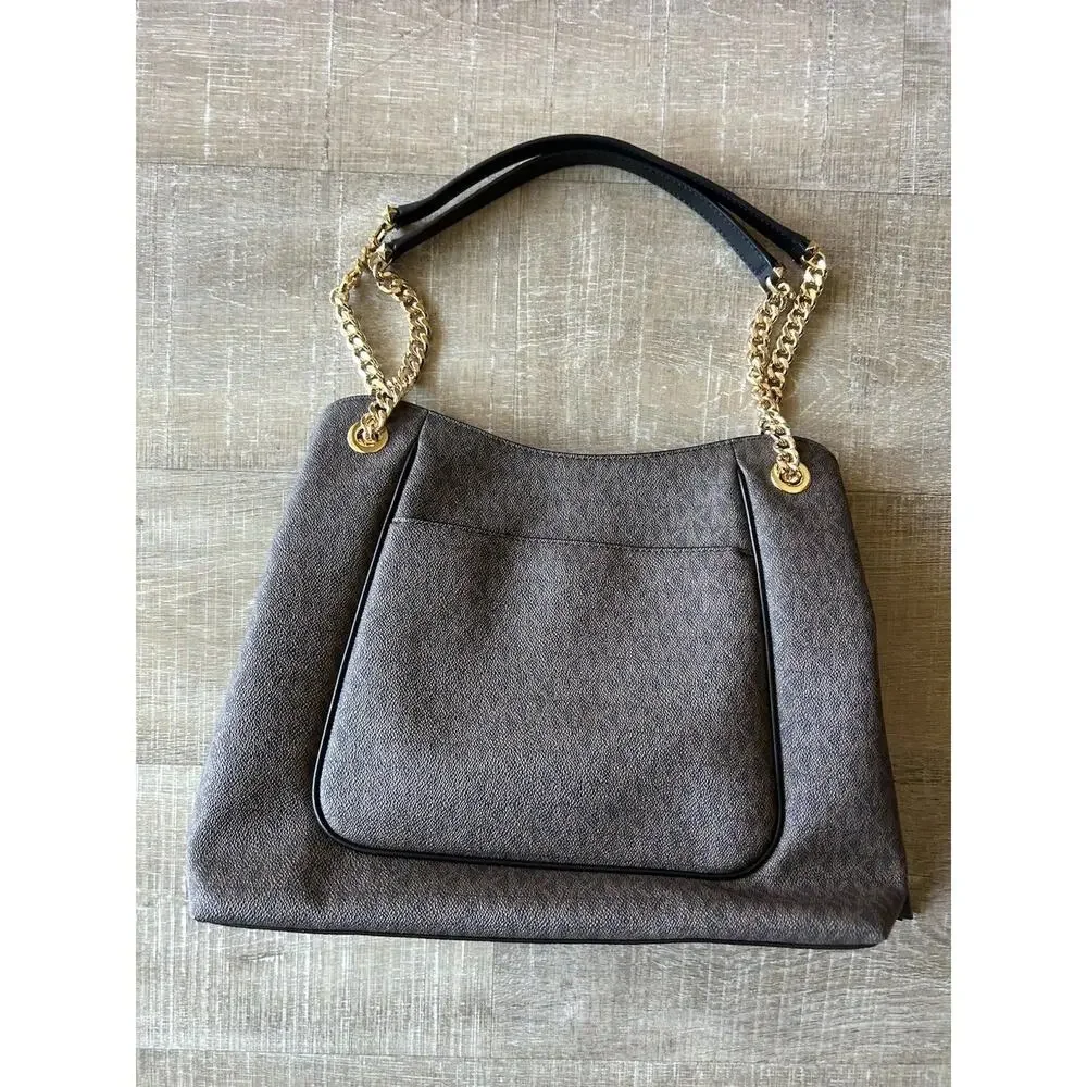 Michael Kors Jet Set Large Chain Tote Brown MK Monogram PVC Leather Trim Bag EUC
